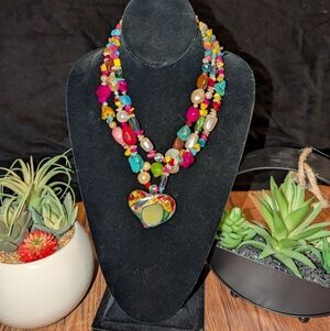 Unique Multicolor Beaded Necklace With Large Heart Charm